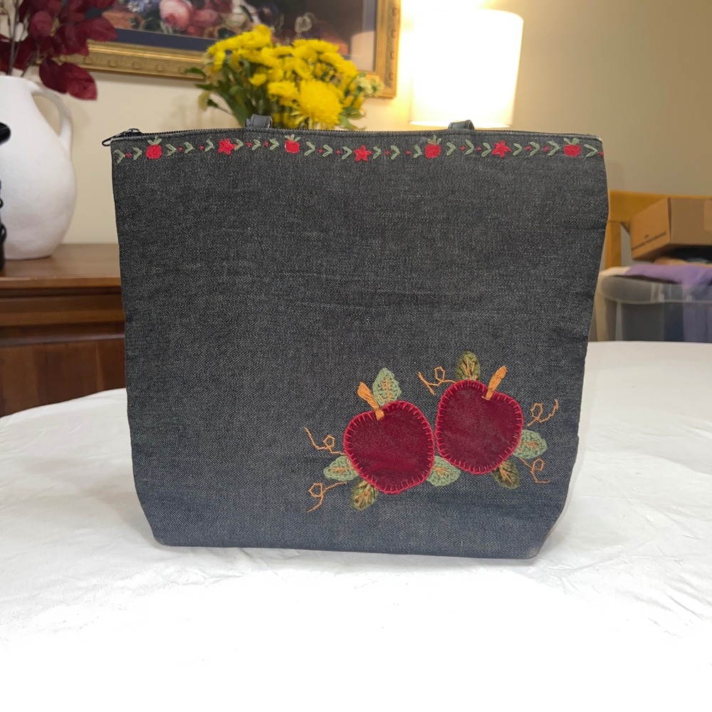 Cappelli Straworld Denim Apple Embroidered Tote Bag Dark Wash Cottagecore